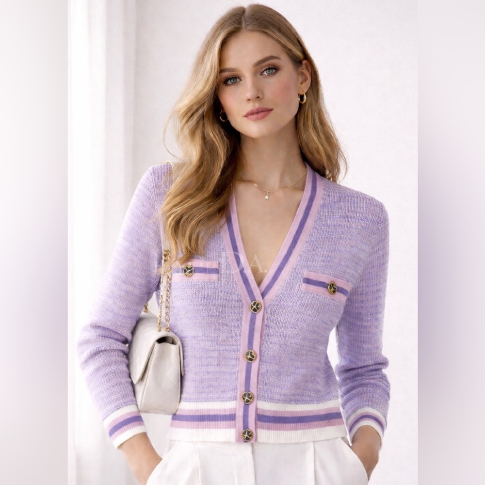 Cardigan Sandro Paris Tweed Knit Cardigan Pink/Blue/lilac| acrylic/wool bland S